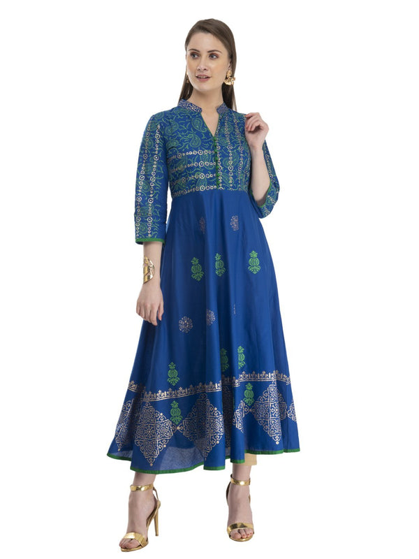 Women's Royal Blue Cotton Anarkali With Ajrakh Hand Block Print - Noz2Toz