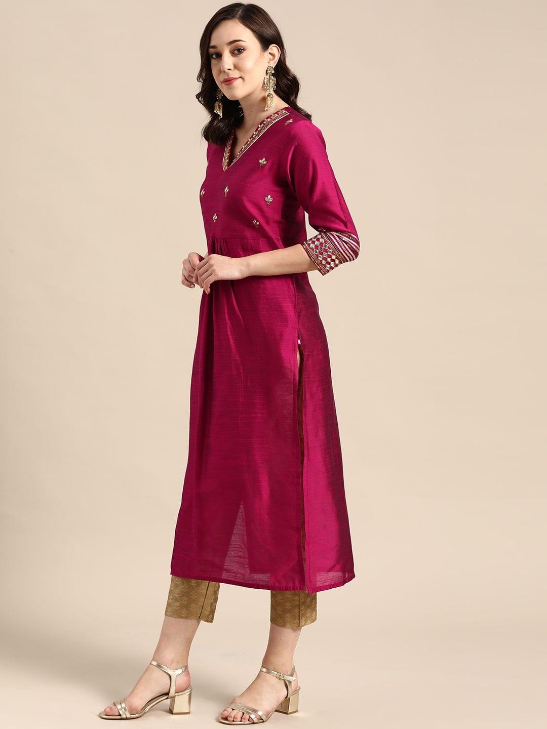 Women Magenta Pink & Gold-Coloured Embroidered Kurta With Trousers & Dupatta - Indiakreations