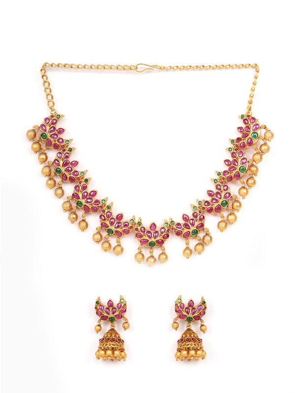 Women's Kemp Stones Pearls Gold Plated Crescent Jewellery Set - Priyaasi - Indiakreations