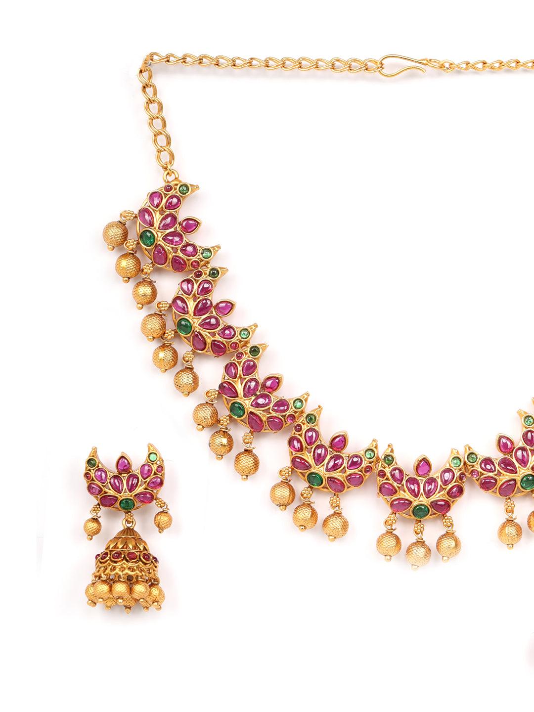 Women's Kemp Stones Pearls Gold Plated Crescent Jewellery Set - Priyaasi - Indiakreations