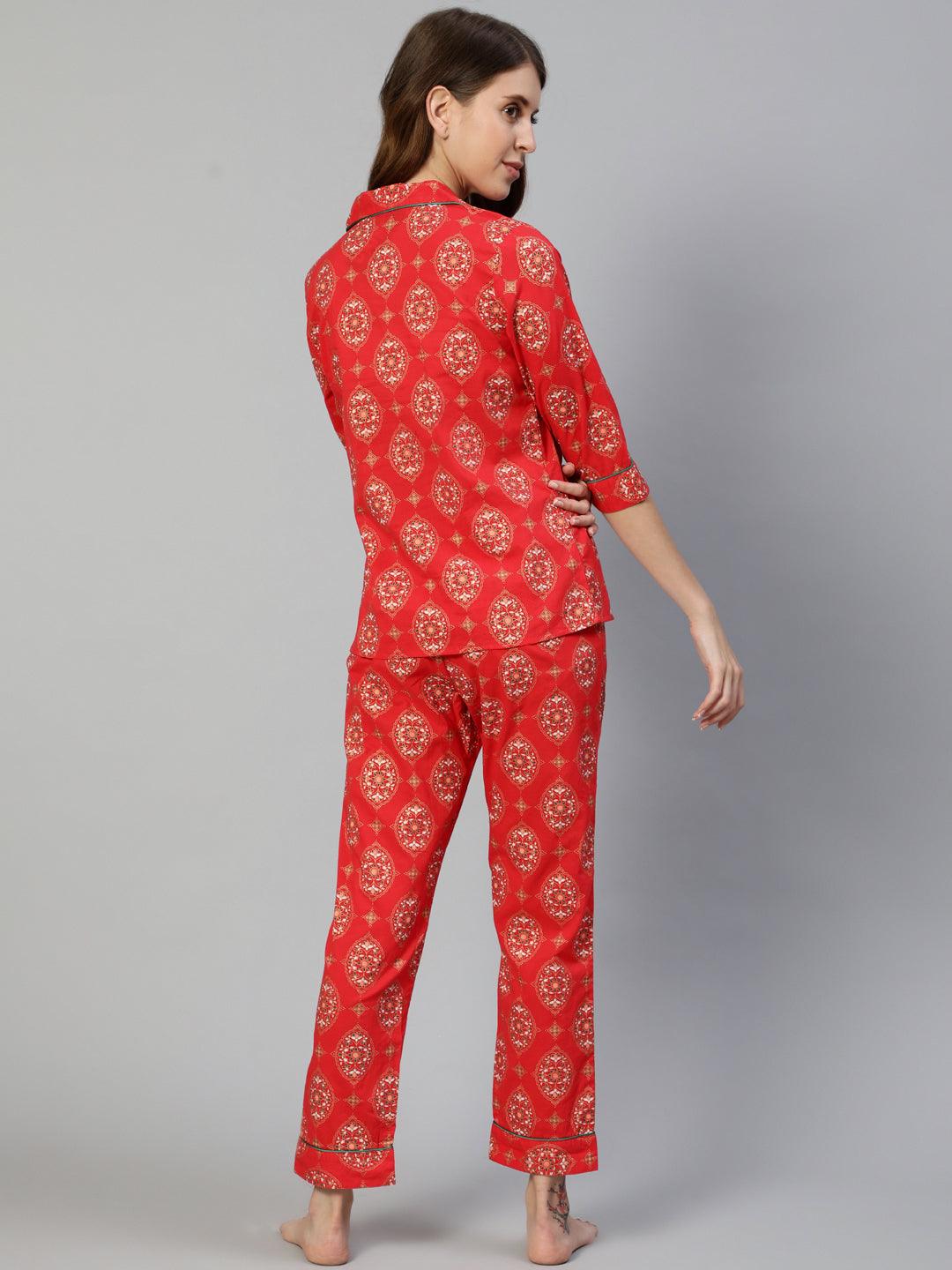 Women's Red Pure Cotton Ethnic Motif Printed Night Suit - Ishin - Indiakreations