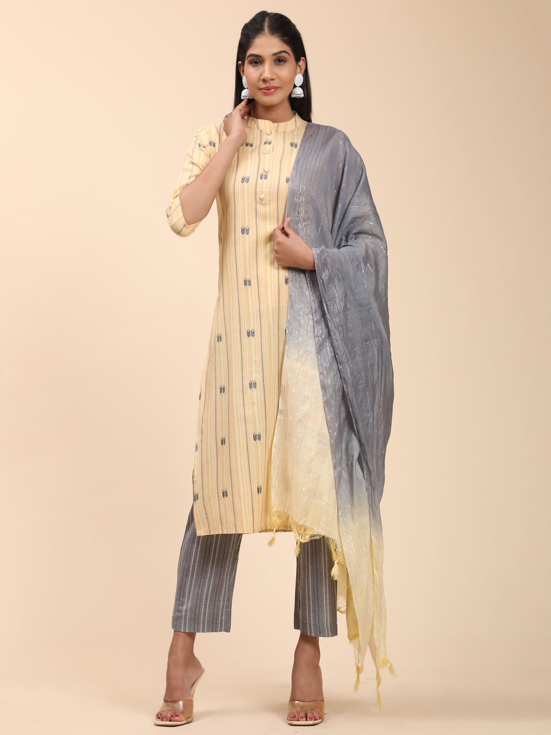 Women's Printed Straight Cotton Blend Yellow Stitched Kurta Pant With Dupatta - Vbuyz