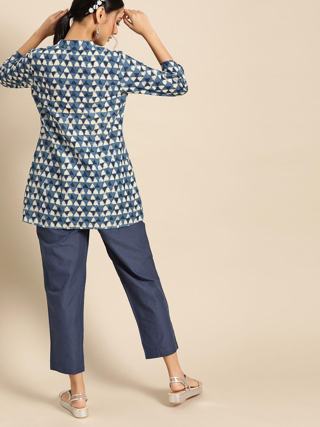 Blue & White Pure Cotton Printed Tunic With Trousers - Indiakreations