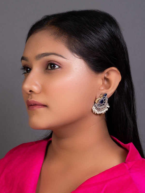 Women's Blue Silver Plated & Gold Plated Peacock Shaped Drop Earrings - Morkanth