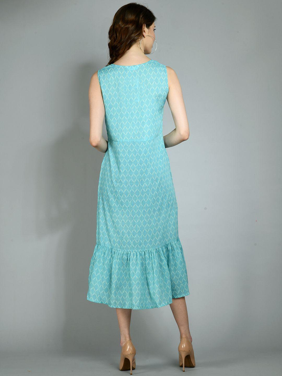 Women's Blue Poly Cotton Printed Sleeveless Round Neck Casual Dress - Myshka - Indiakreations