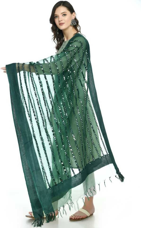 Women's Orgenza Cotton Mirror Stripe Bottle Green Dupatta Mfd0042 - Moeza