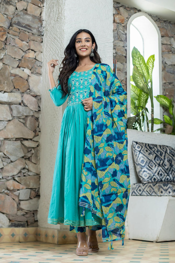 Women's Turquoise Floral Print Anarkali Suit Set - KAAJH