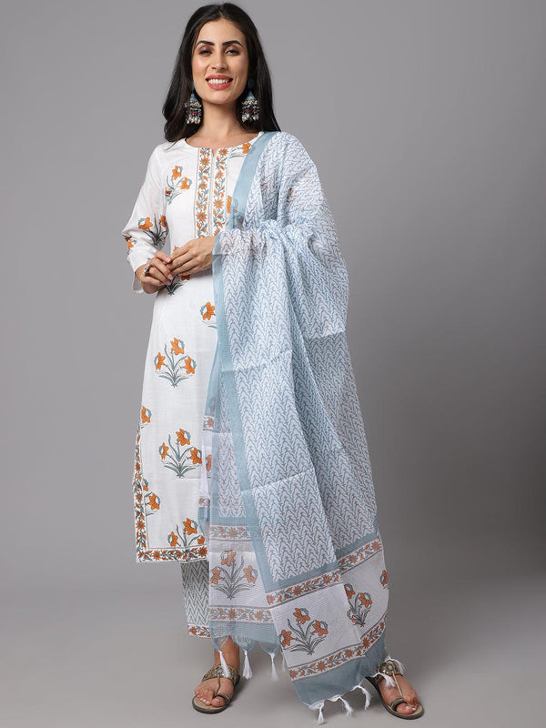 Women's White Color Printed Kurta and Pant Set with Dupatta - AILISH - Indiakreations