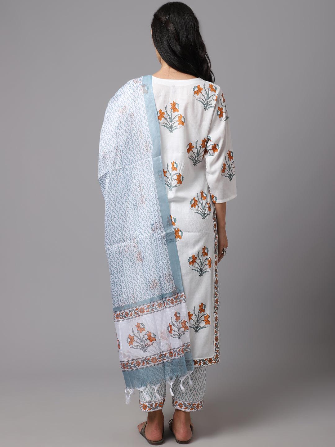 Women's White Color Printed Kurta and Pant Set with Dupatta - AILISH - Indiakreations