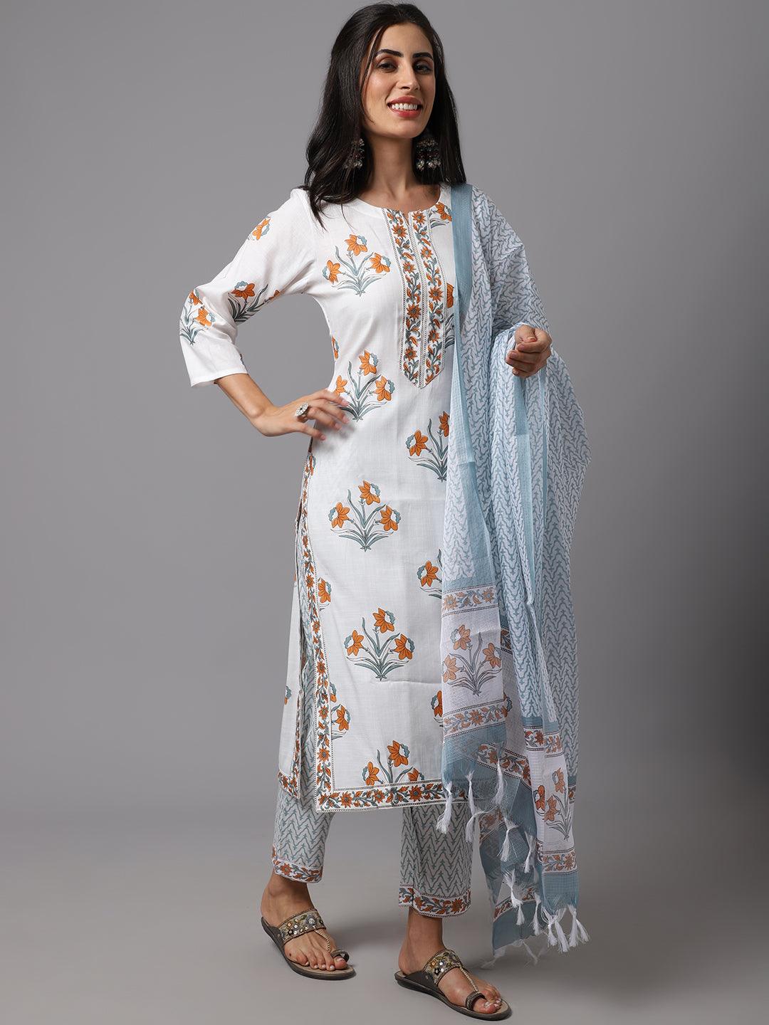 Women's White Color Printed Kurta and Pant Set with Dupatta - AILISH - Indiakreations