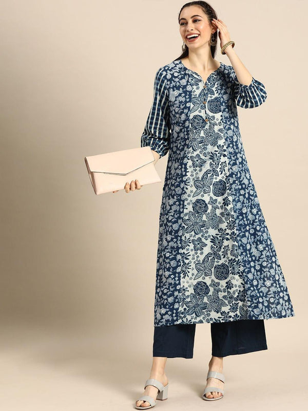 Blue & White Floral Printed Kurta - Indiakreations