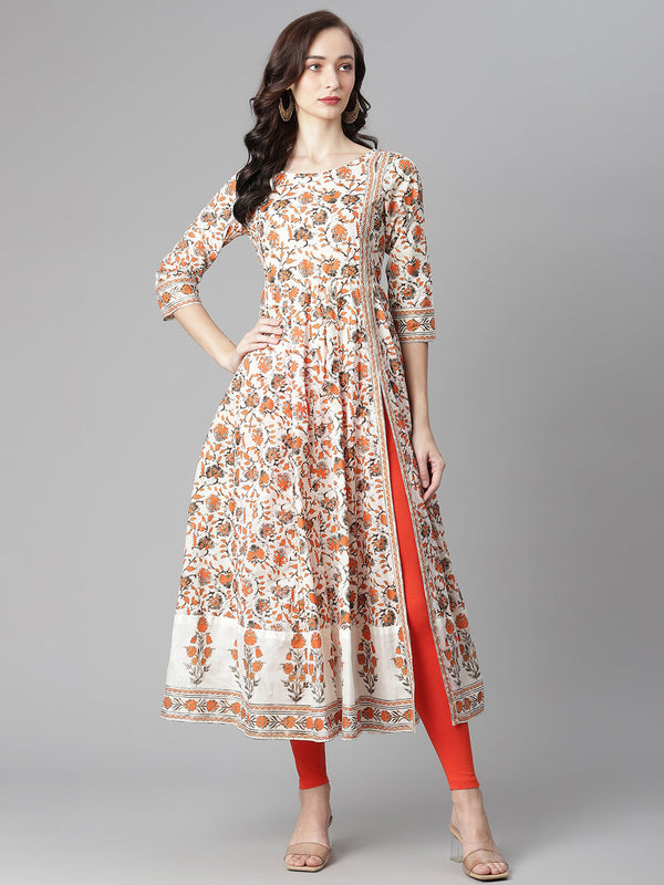 Women's Off-White Cotton Printed Anarkali Kurta With Legging - Noz2Toz