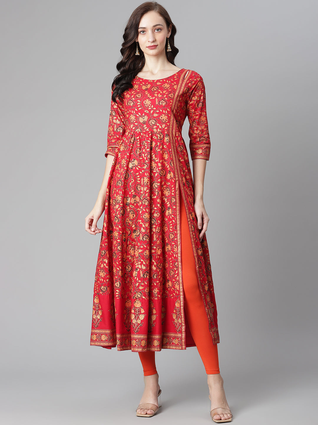 Women's Red Cotton Printed Anarkali Kurta With Legging -  Poshak Hub