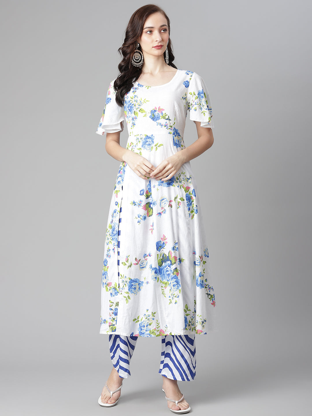 Women's White-Blue Cotton Print A-Line Kurta With Palazzoo -  Poshak Hub