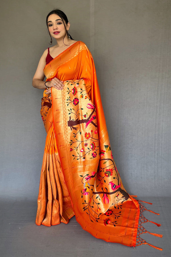 Women's Orange Paithani Big Border Zari Woven Saree - TASARIKA