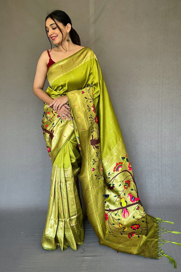 Women's Pistachio Green Paithani Big Border Zari Woven Saree - TASARIKA