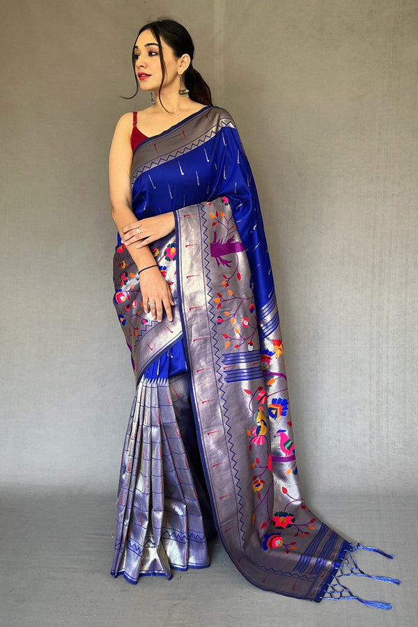 Women's Royal Blue Paithani Big Border Zari Woven Saree - TASARIKA