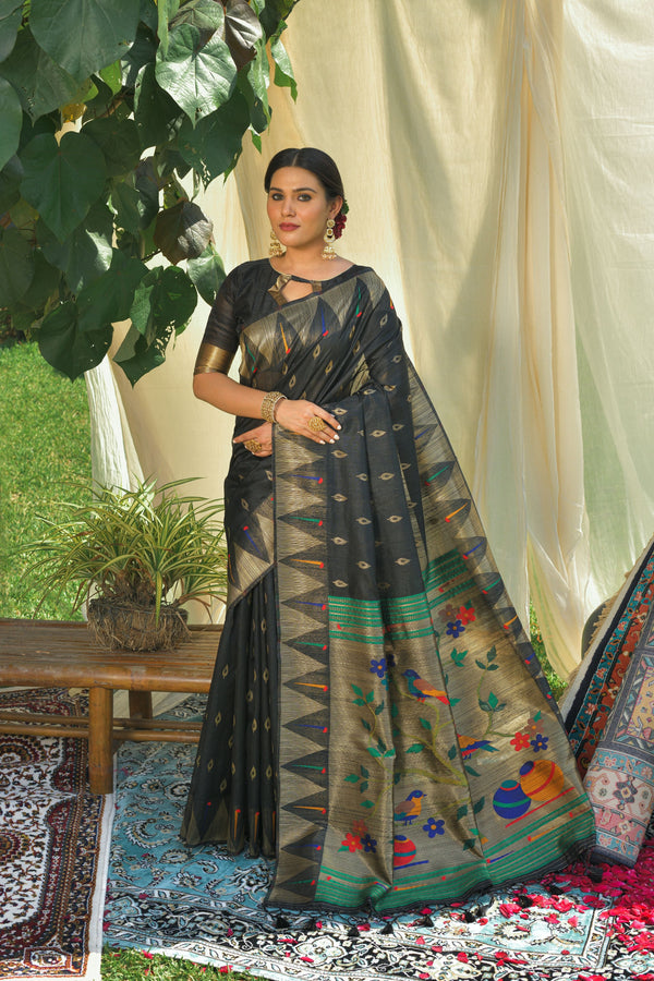 Women's Black Woven Paithani Silk Saree With Tassels - Vishnu Weaves