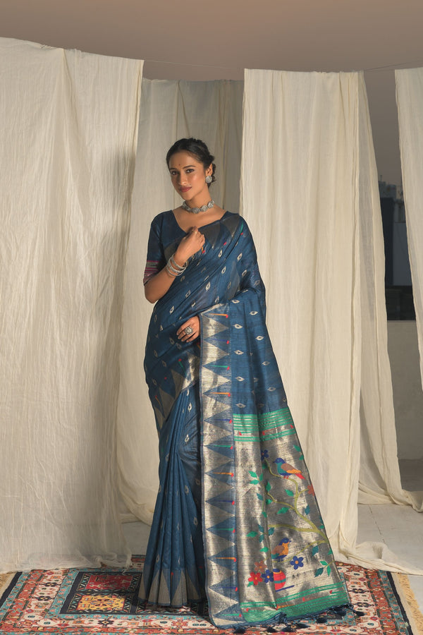 Women's Blue Woven Paithani Silk Saree With Tassels - Vishnu Weaves