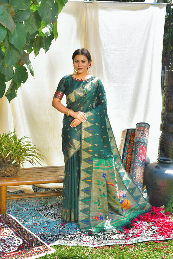 Women's Bt Green Woven Paithani Silk Saree With Tassels - Vishnu Weaves