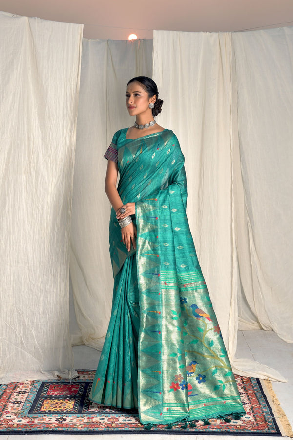 Women's Teal Woven Paithani Silk Saree With Tassels - Vishnu Weaves