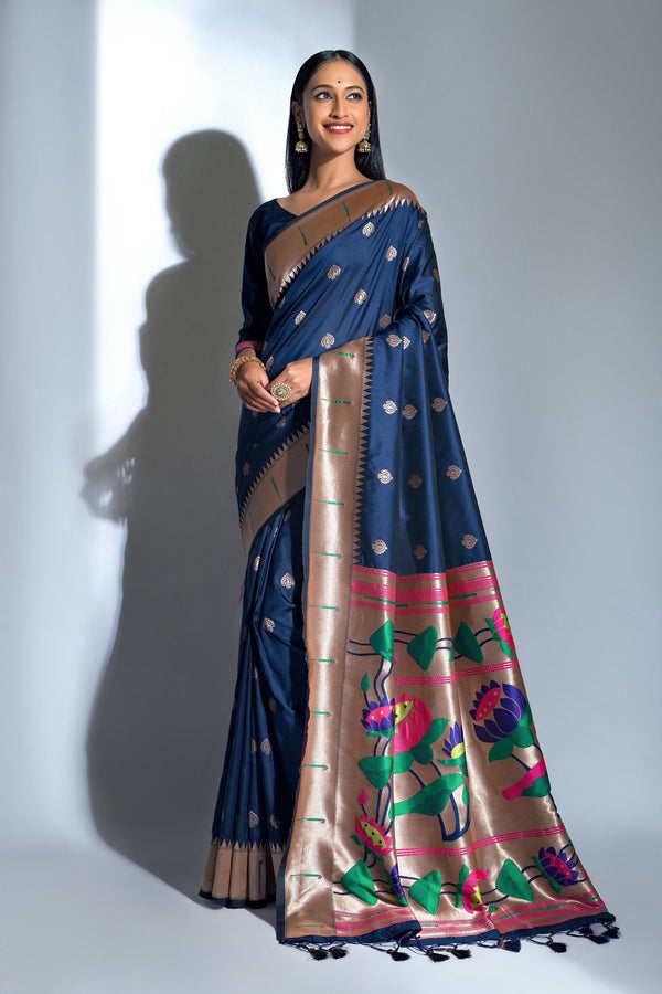 Women's Blue Woven Paithani Silk Saree With Tassels - Vishnu Weaves