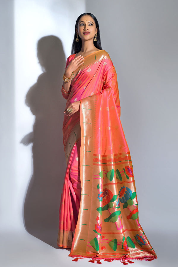 Women's Gajri Woven Paithani Silk Saree With Tassels - Vishnu Weaves