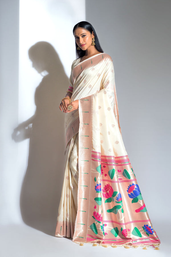 Women's Off White Woven Paithani Silk Saree With Tassels - Vishnu Weaves