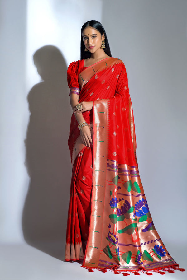 Women's Red Woven Paithani Silk Saree With Tassels - Vishnu Weaves