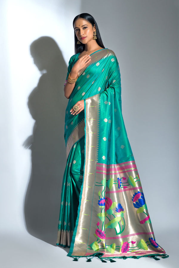 Women's Teal Woven Paithani Silk Saree With Tassels - Vishnu Weaves