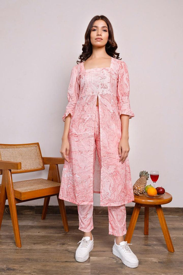 Women'S Red Marble Printed Kurta With Pleated Yoke And Pants - Pheeta - Indiakreations