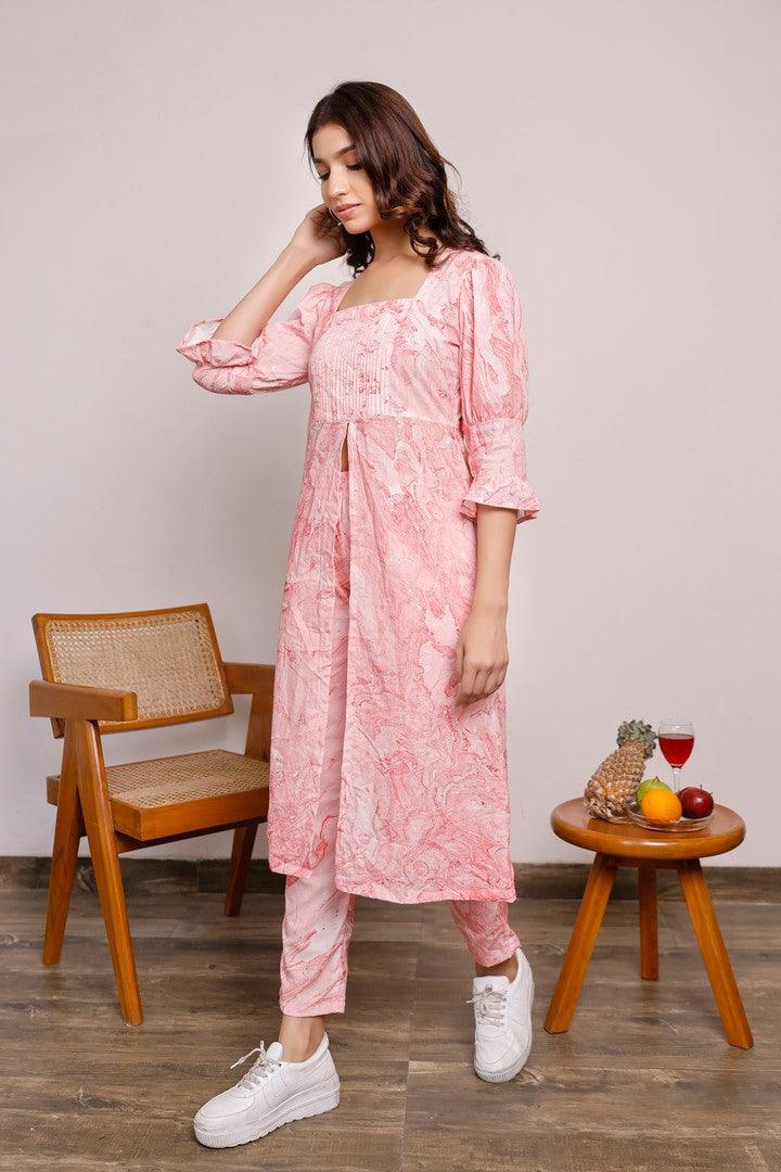 Women'S Red Marble Printed Kurta With Pleated Yoke And Pants - Pheeta - Indiakreations