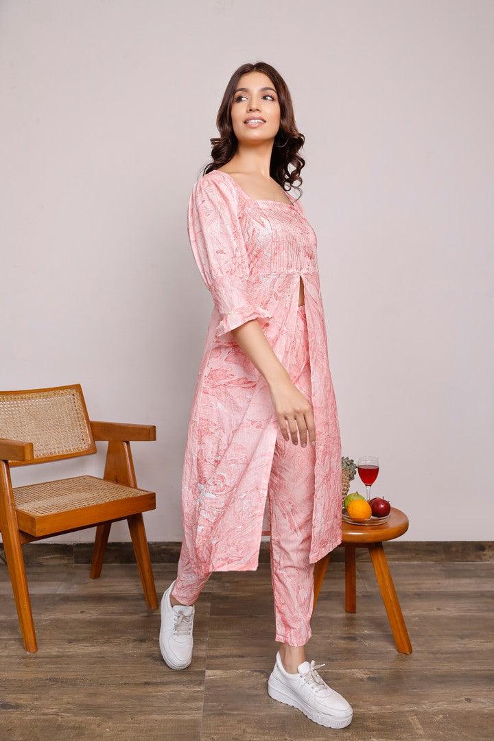 Women'S Red Marble Printed Kurta With Pleated Yoke And Pants - Pheeta - Indiakreations