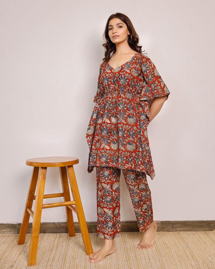 Women'S Maroon And Blue Floral Short Hand Block Printed Kaftan Co-Ord Set - Pheeta - Indiakreations