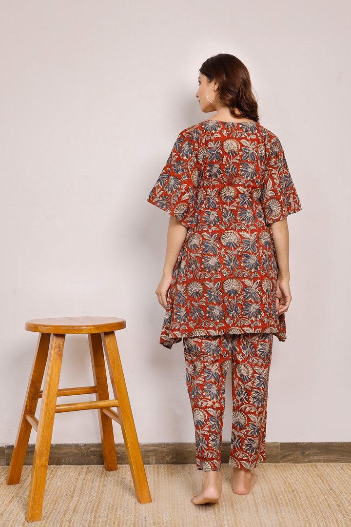 Women'S Maroon And Blue Floral Short Hand Block Printed Kaftan Co-Ord Set - Pheeta - Indiakreations