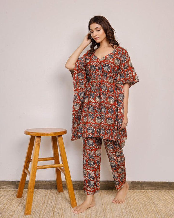 Women'S Maroon And Blue Floral Short Hand Block Printed Kaftan Co-Ord Set - Pheeta - Indiakreations