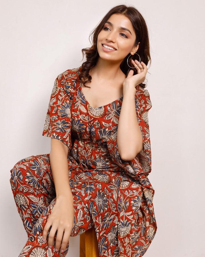 Women'S Maroon And Blue Floral Short Hand Block Printed Kaftan Co-Ord Set - Pheeta - Indiakreations