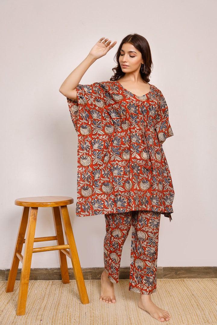 Women'S Maroon And Blue Floral Short Hand Block Printed Kaftan Co-Ord Set - Pheeta - Indiakreations