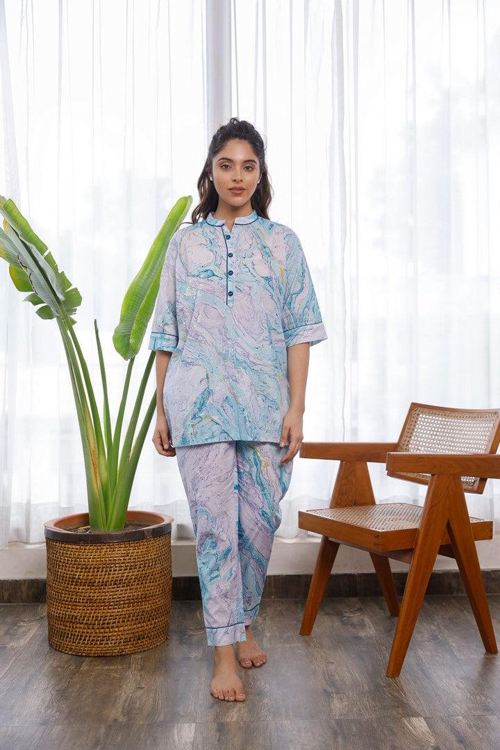 Women'S Marble Printed Light Blue And Lilac Color Comfy Co-Ord Set - Pheeta - Indiakreations