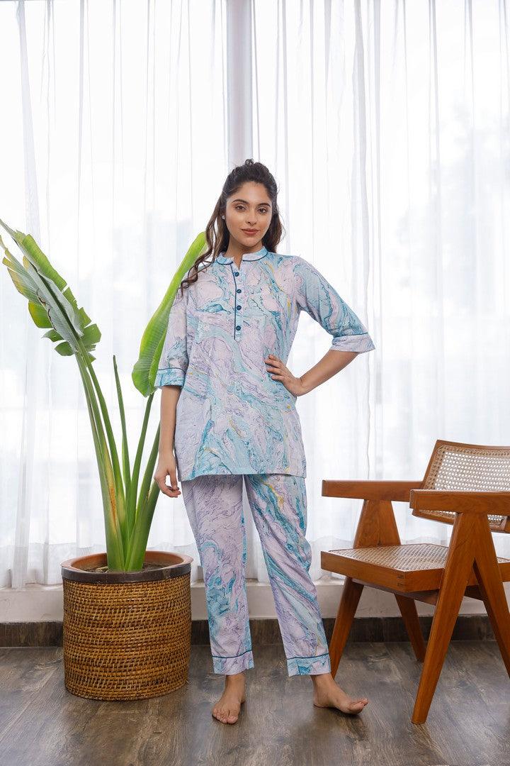 Women'S Marble Printed Light Blue And Lilac Color Comfy Co-Ord Set - Pheeta - Indiakreations