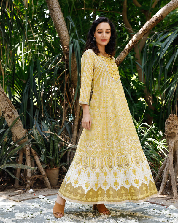 Women's Yellow Color Floral Print Embroidered Anarkali Ethnic Dress - Pheeta