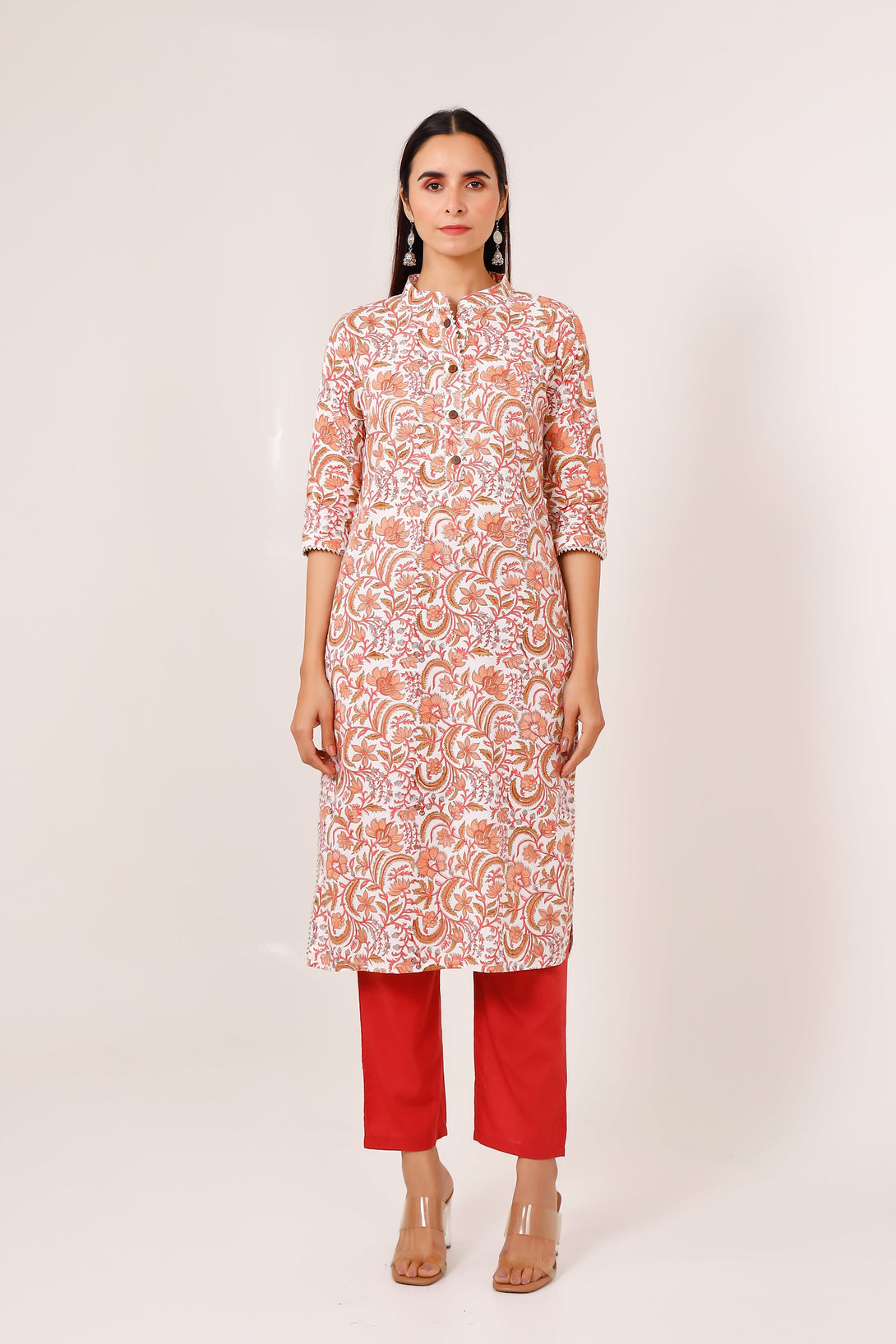 Women's Offwhite Hand Printed Kurta With Peach Floral Print & Solid Red Pant  - Pheeta