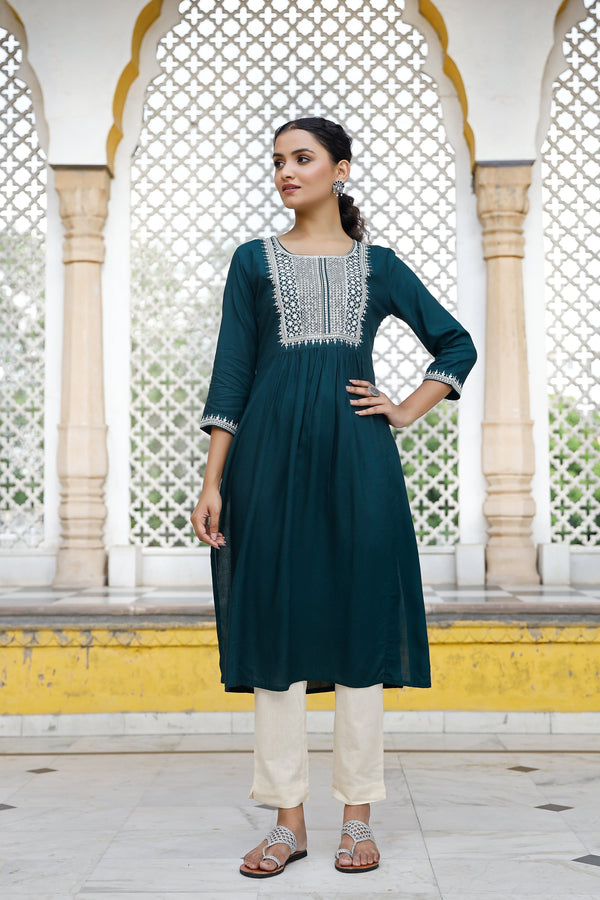 Women's Teal Blue Embroidered Anarkali Kurta - Pheeta