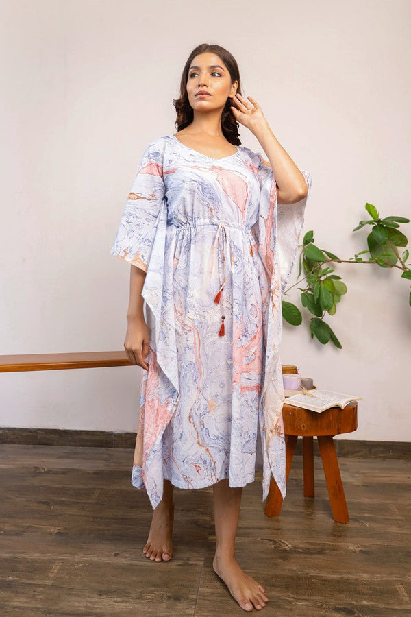 Women'S Blue Marble Printed Calf Length Kaftan - Pheeta