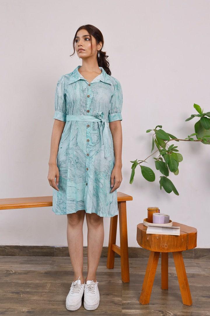 Women'S Sea Green Marble Printed Puff Sleeves Shirt Dress - Pheeta - Indiakreations