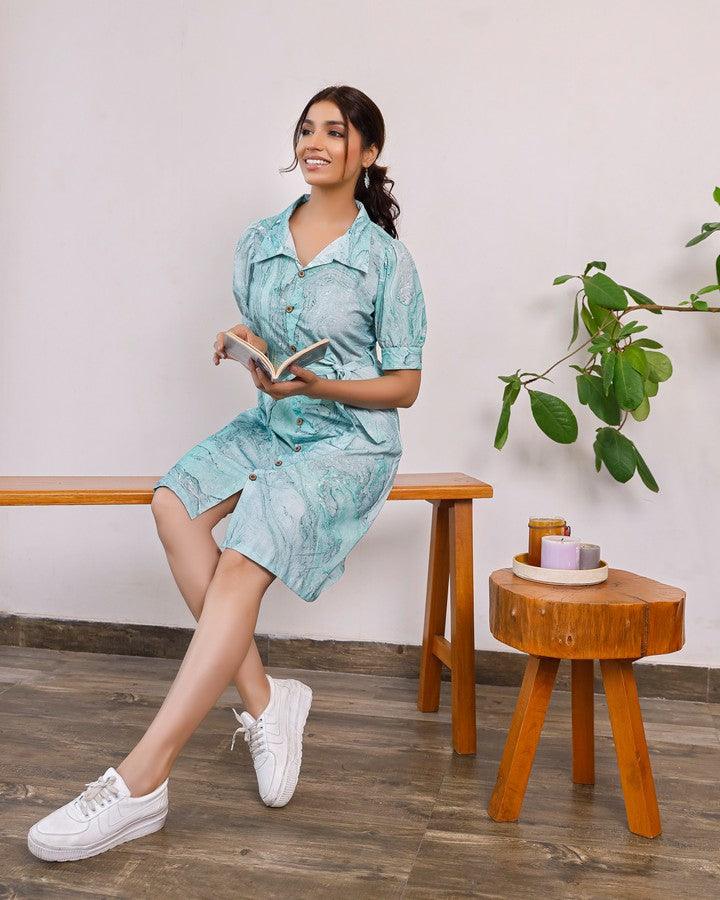 Women'S Sea Green Marble Printed Puff Sleeves Shirt Dress - Pheeta - Indiakreations