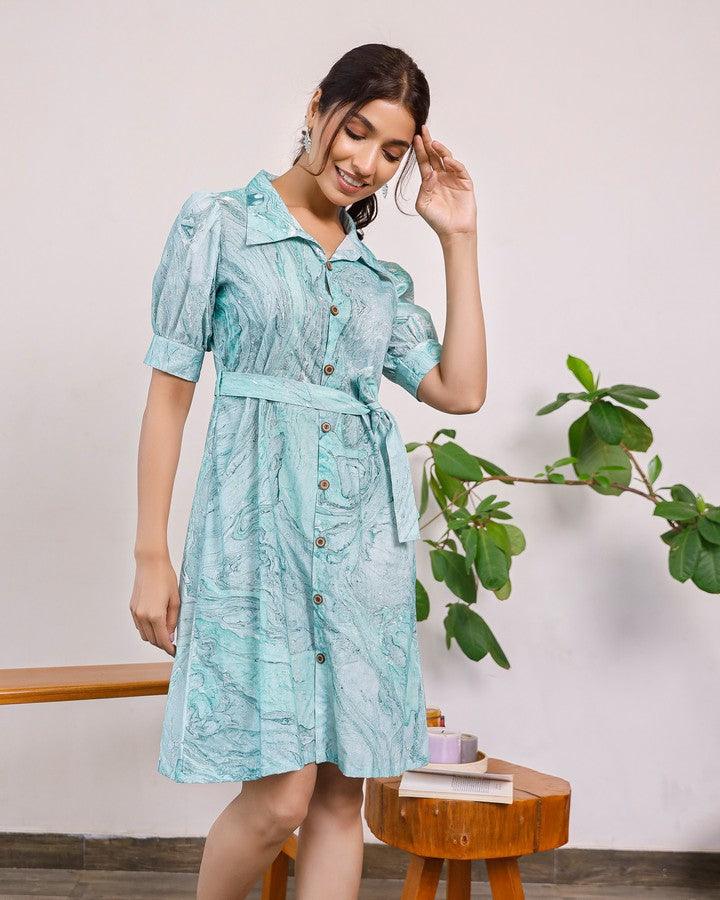 Women'S Sea Green Marble Printed Puff Sleeves Shirt Dress - Pheeta - Indiakreations