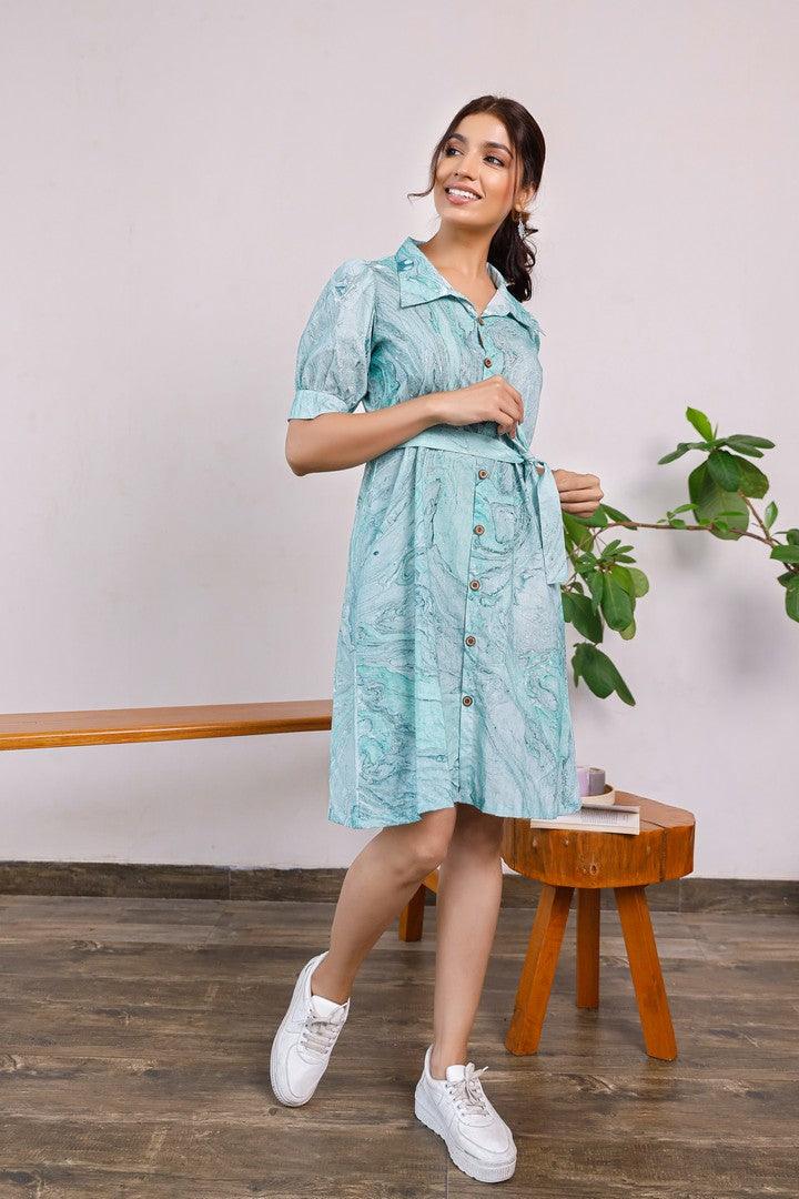 Women'S Sea Green Marble Printed Puff Sleeves Shirt Dress - Pheeta - Indiakreations