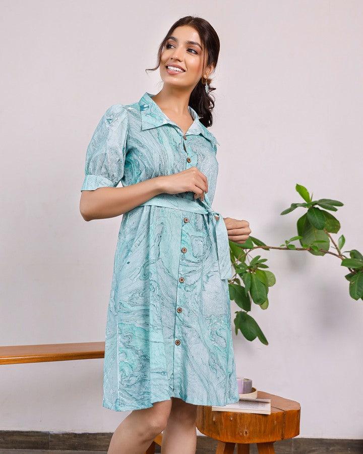 Women'S Sea Green Marble Printed Puff Sleeves Shirt Dress - Pheeta - Indiakreations