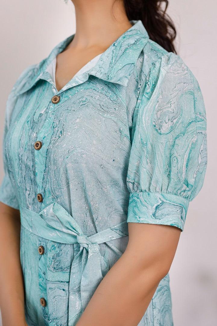 Women'S Sea Green Marble Printed Puff Sleeves Shirt Dress - Pheeta - Indiakreations